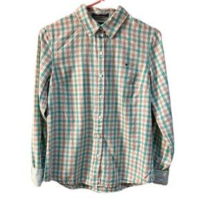 Tommy Hilfiger Women’s Size Small Button Front Green Beige White Shirt Blouse